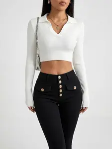 American Style High Waist Butt Lifting Pants, Luxury Gold Buckle Ultra High Waist Pencil Pants, Office Commute Elastic Waist Pants