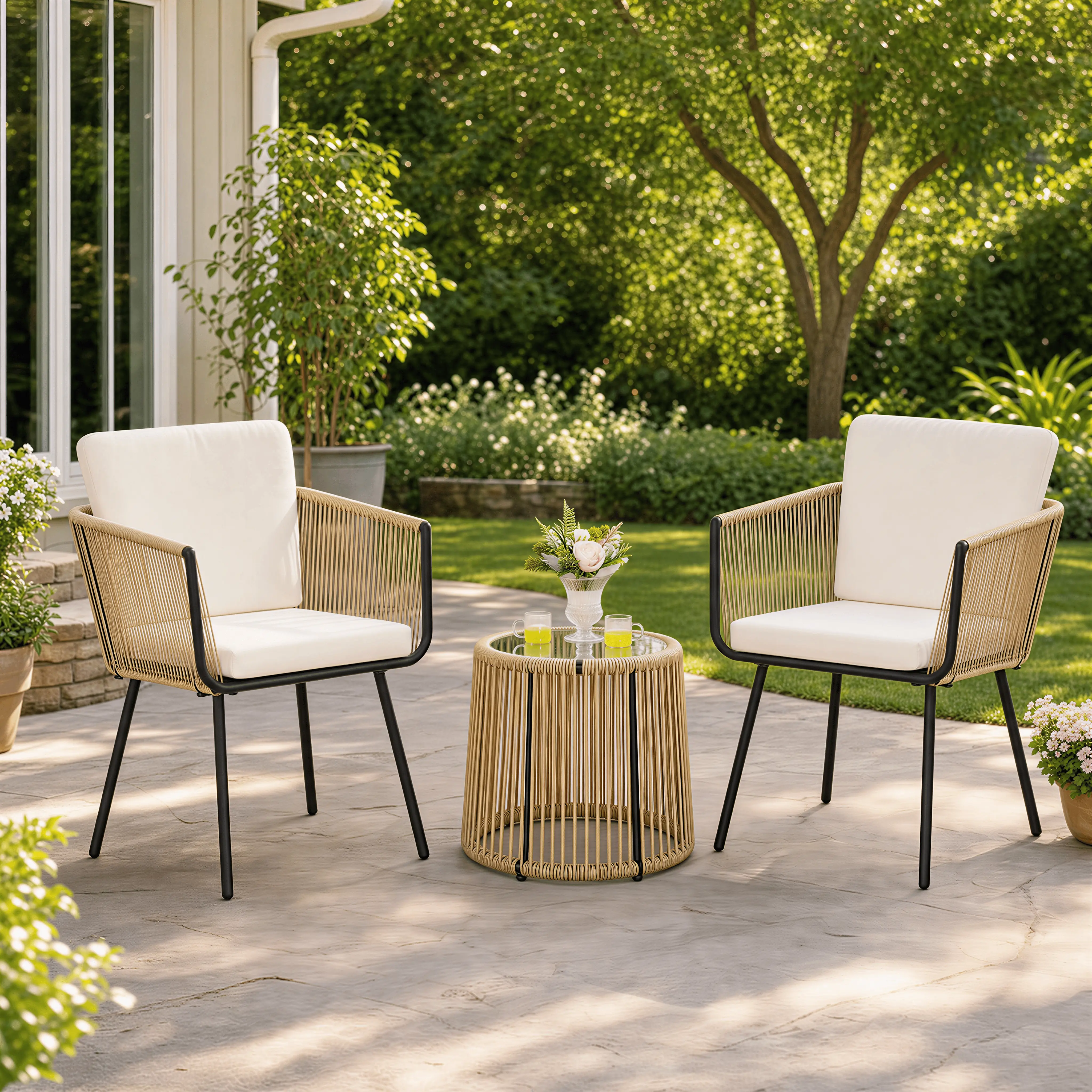 Costoffs 3-Piece Modern Patio Set - Outdoor Rattan Bistro Set, Boho Wicker Chairs, Tempered Glass Table, Cushioned Backyard Furniture for Balcony, Garden