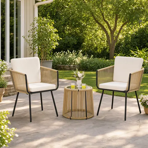 Costoffs 3-Piece Modern Patio Set - Outdoor Rattan Bistro Set, Boho Wicker Chairs, Tempered Glass Table, Cushioned Backyard Furniture for Balcony, Garden