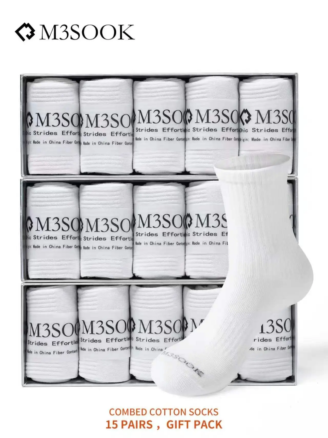M3SOOK Combed Cotton Mid-Calf Socks 15 Pairs Gift Pack - Stylish, Smooth & Soft Unisex White Socks for Men and Women
