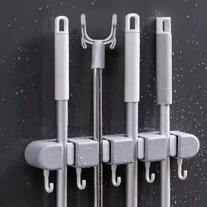 room Holder Wall Mount, No-Drilling Self-Adhesive Mop and Broom Storage Rack (4 Racks with 5 Hooks),Wall-Mounted Broom Hanger for Bathroom, Kitchen, Closet, Garage