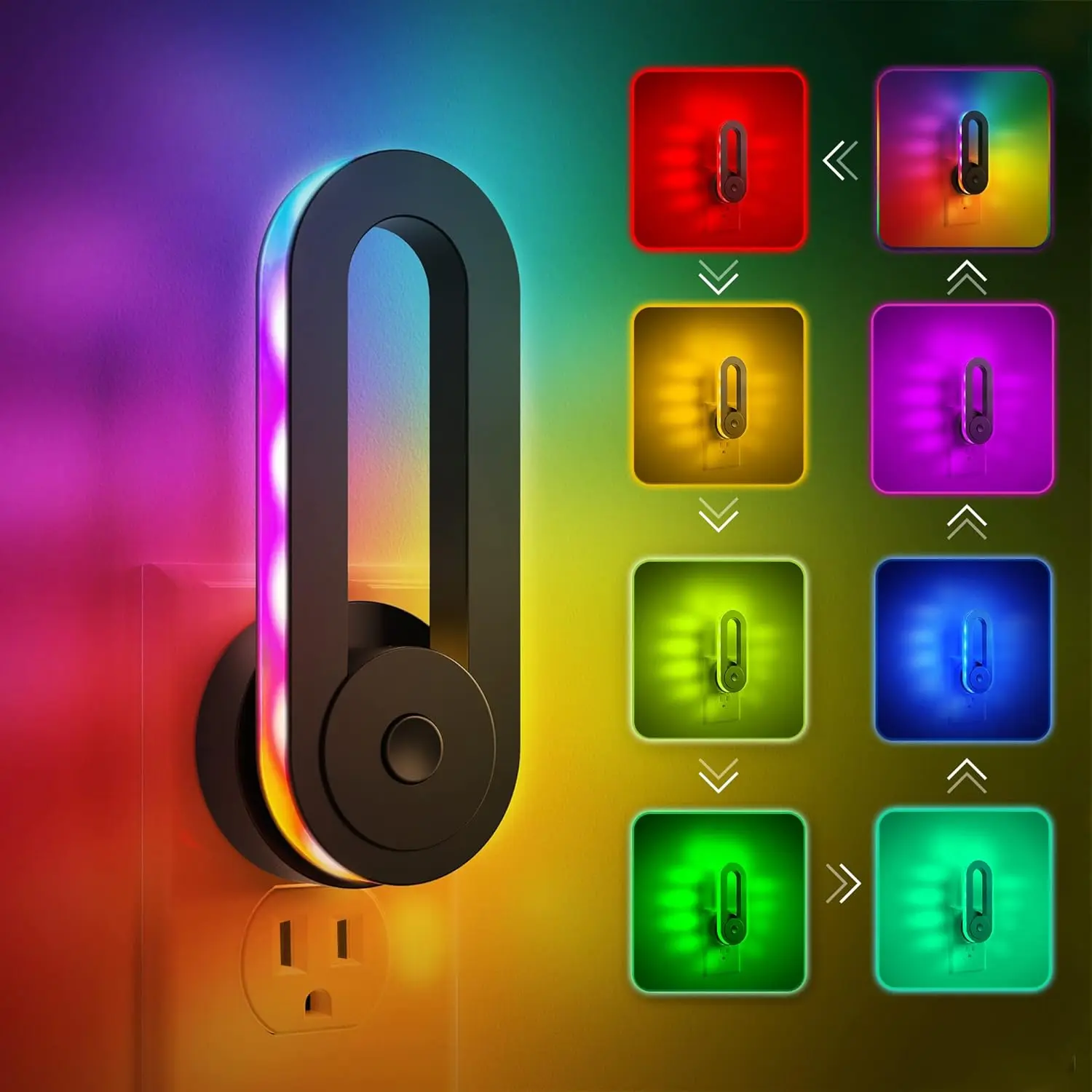 Jandcase RGB LED Plug-In Night Light - 1W Power Draw, Dusk-to-Dawn Sensor, 7 Solid Colors, Adjustable RGB Lighting, Indoor Decoration for Bedroom, Gaming Room, Kids Room, Mood Lighting