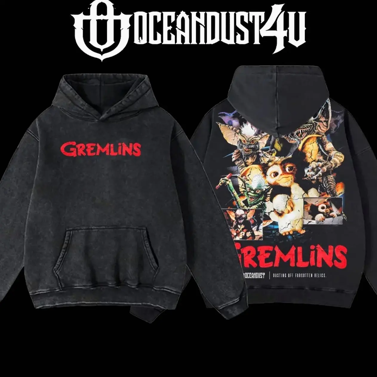 OceanDust4U 'Gremlins' Hoodie 100% Premium Cotton 230gsm Heavyweight Pre-Washed Unisex Classic Top American Made Menswear Apparel - Fabric, Love 68H