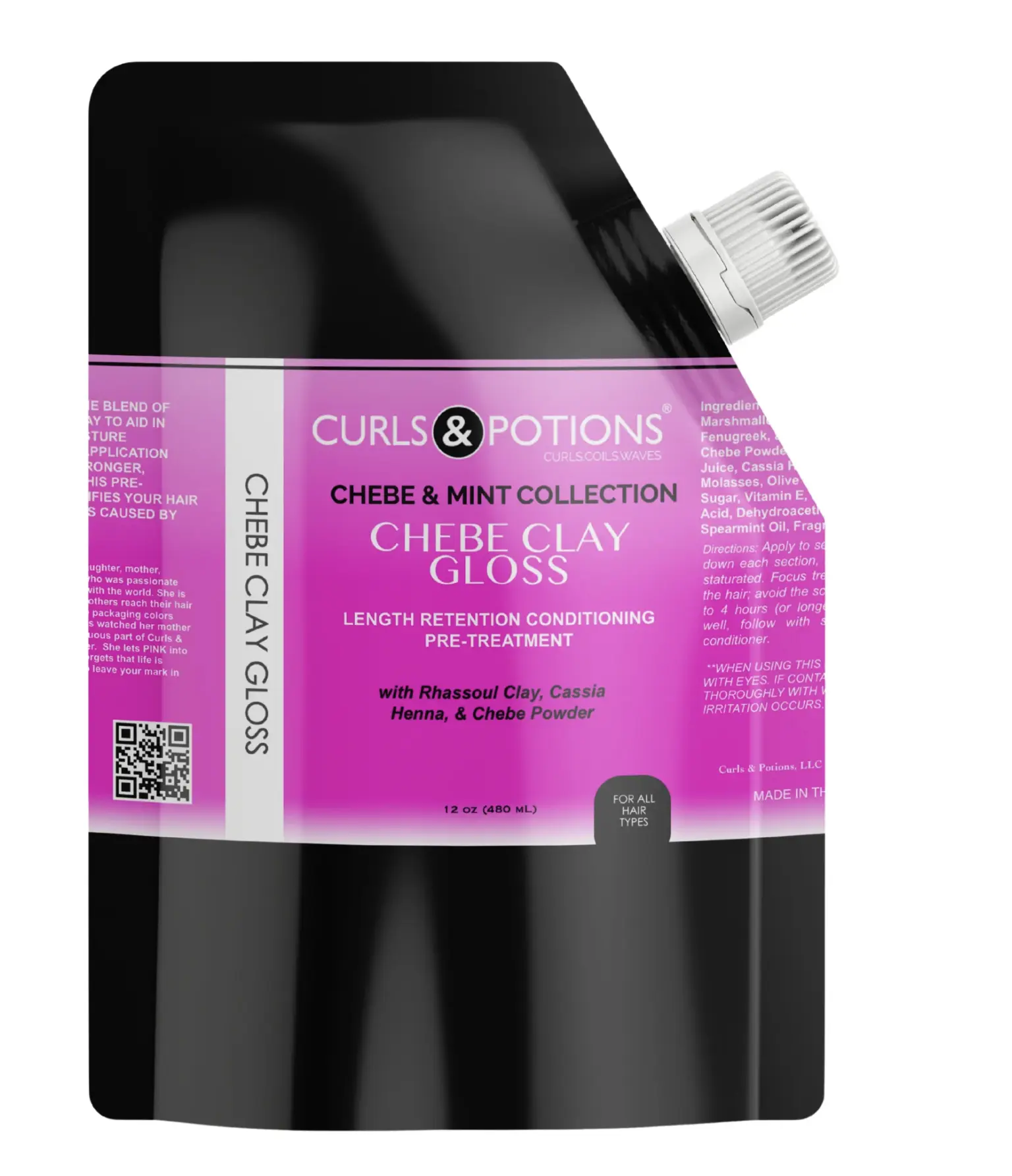 Curls & Potions Chebe Clay Gloss - Length Retention Conditioning Pre-Treatment with Cassia Henna & Mint for Haircare Use