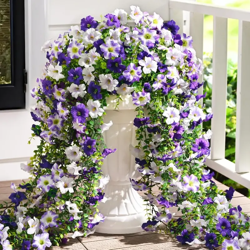 (4pcs)30 Inches Outdoor Artificial Petunia Hanging Plant Set; UV-resistant silk flowers with long vines, perfect for creating a realistic spring floral display on garden porches or in hanging  Indoor