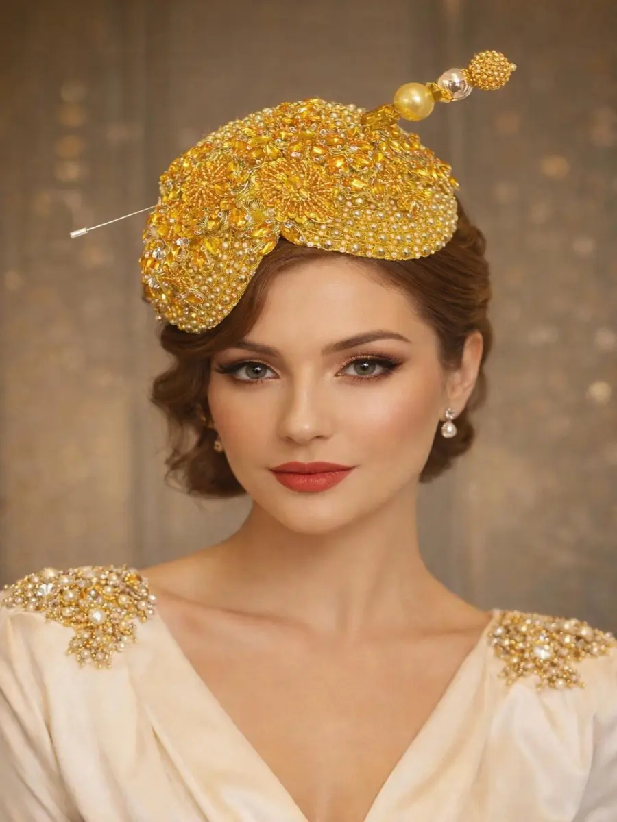 Elegant gold Sequin Church Hat with Rhinestone Flower | Wedding Fascinator | Bridal Headpiece | Women’s Formal Hat