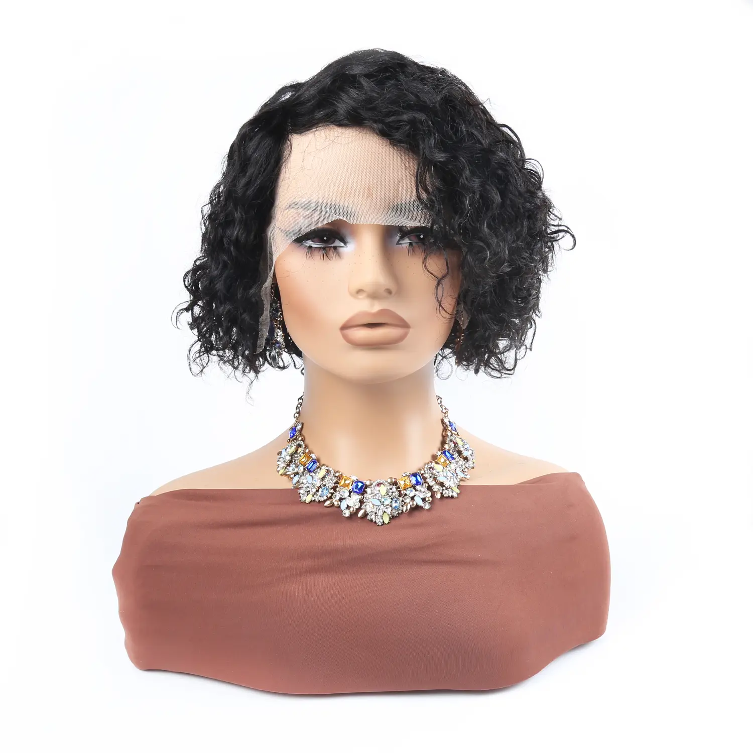 Short Kinky Curly Human Hair Wigs for Black Women 13*1 Lace Frontal Wigs Afro Jerry Curly Brazilian Remy Human Hair Side Part Curly Pixie Cut Wig 8 Inch Natural Black 150 Density