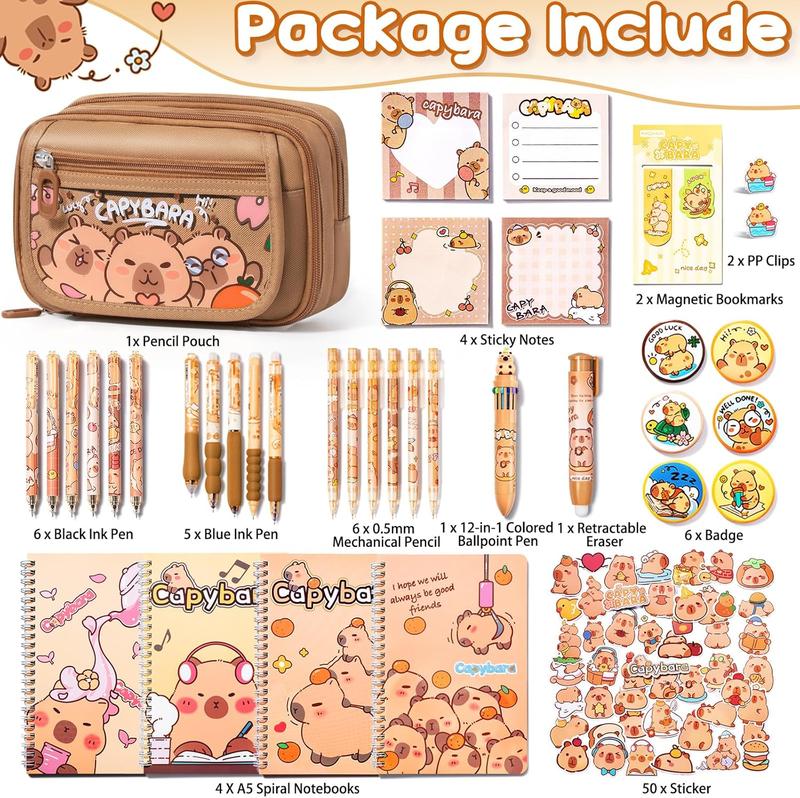 School Supplies Set – 36PCS Cute Capybara Stationery with Pencil Case, Gel Pens, Pencils, Stickers, Pins, Notebooks & Sticky Notes – Kawaii Valentine's Day Gift Idea for Students, Friends, or Stationery Lovers