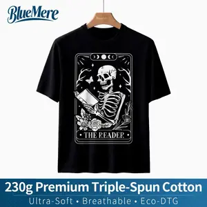 BlueMere The Reader Tarot Card Shirt Skeleton Reading Unisex Top Book Lover Gift 230g Premium Triple-Spun Cotton Ultra-Soft Breathable Eco-ĐTG - Fit