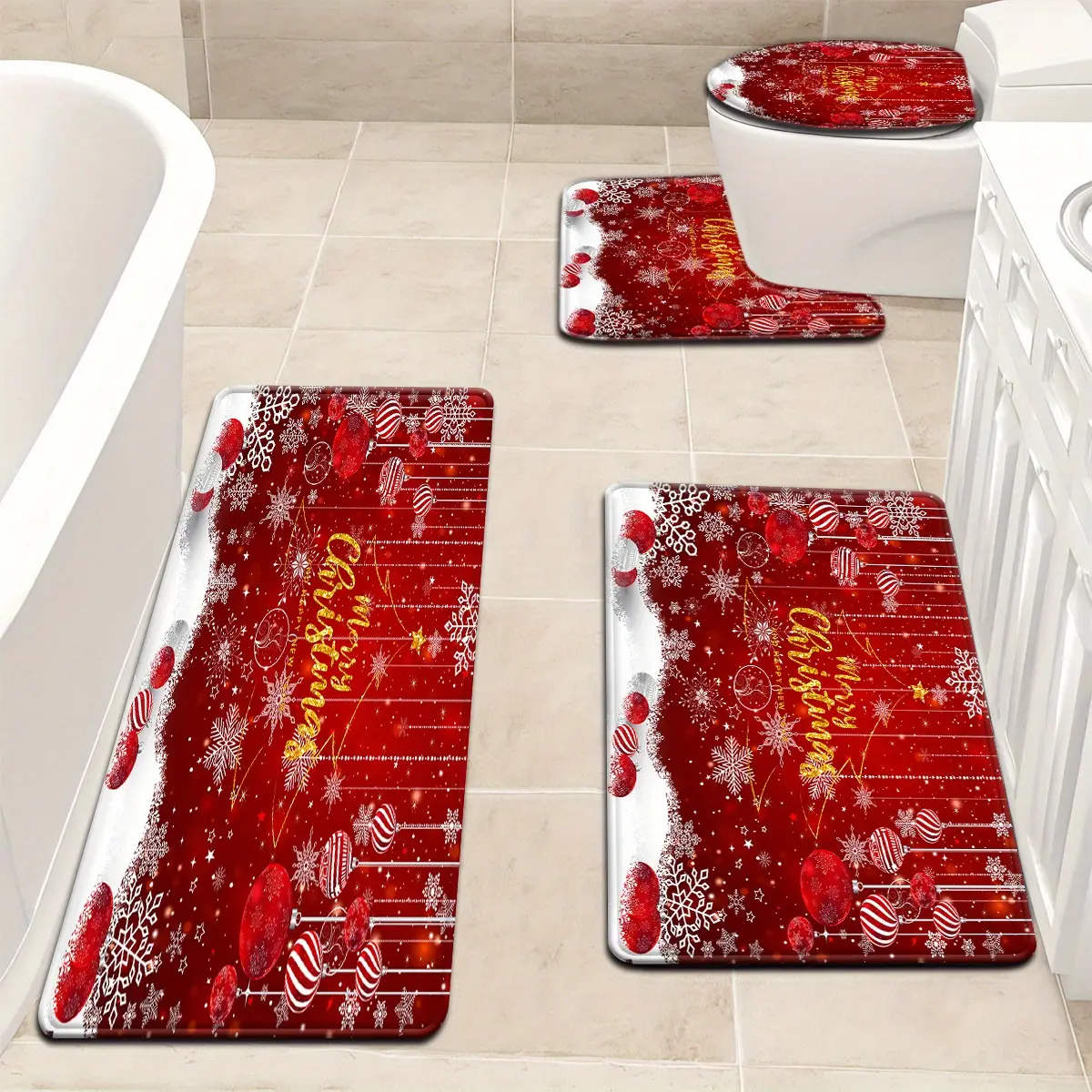 3pcs/4pcs Christmas Snowflake Tassel Gift Ball Pattern Bathroom Mat Set Toilet Lid Cover and Rug Bath Decor U-Shaped Foot Pad