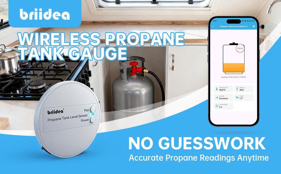 briidea Bluetooth Propane Tank Gauge, Rechargeable Wireless Sensor with Nano Silicone Adhesive Pad (Patent Pending), APP Control, Real-Time Fuel Level Monitor for BBQ Grills, RVs & Restaurants