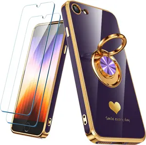 Compatible for  SE/8/7 Case with 2 Pack Screen Protector, 360 Rotatable Ring Holder [Luxury Hearts ]   Edge Slim Soft Phone Case for  SE/8/7 - Purple