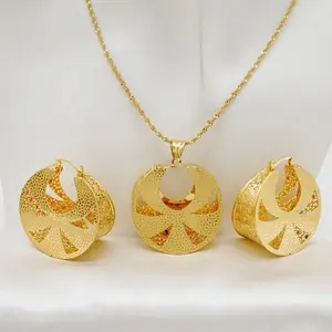 Golden Gold Plated Necklace Pendant Big Earring Set Fashion Jewelry Accessories for Women Ideal Girl Gifts