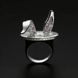 Magic hat rabbit ring, three-dimensional rabbit ear ring, with a lively and playful shape, full of fairy tale and magic charm. It is a high-gloss silver-tone metal silver-plated ring, a high-shine synthetic zircon ring, and a special gift ring.