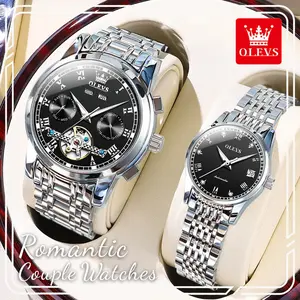 OLEVS Couple Watch Set, Luxury Automatic Mechanical Watches for Him and Her, Stainless Steel Waterproof Wristwatch Gift Box