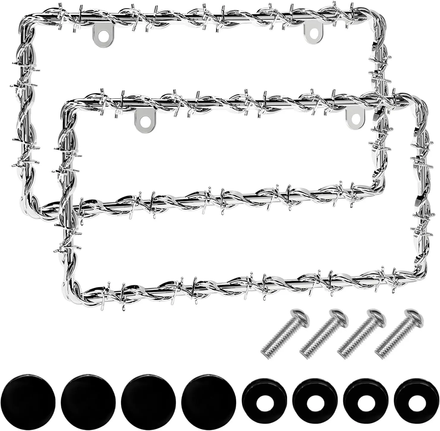 2 PCS Barbed Wire License Plate Frame, Sturdy Plastic Barbed Wire Design Car Tag Cover with Screw Kit, Personalized License Plate Holder Cool Auto Decoration for Men Women (Silver)