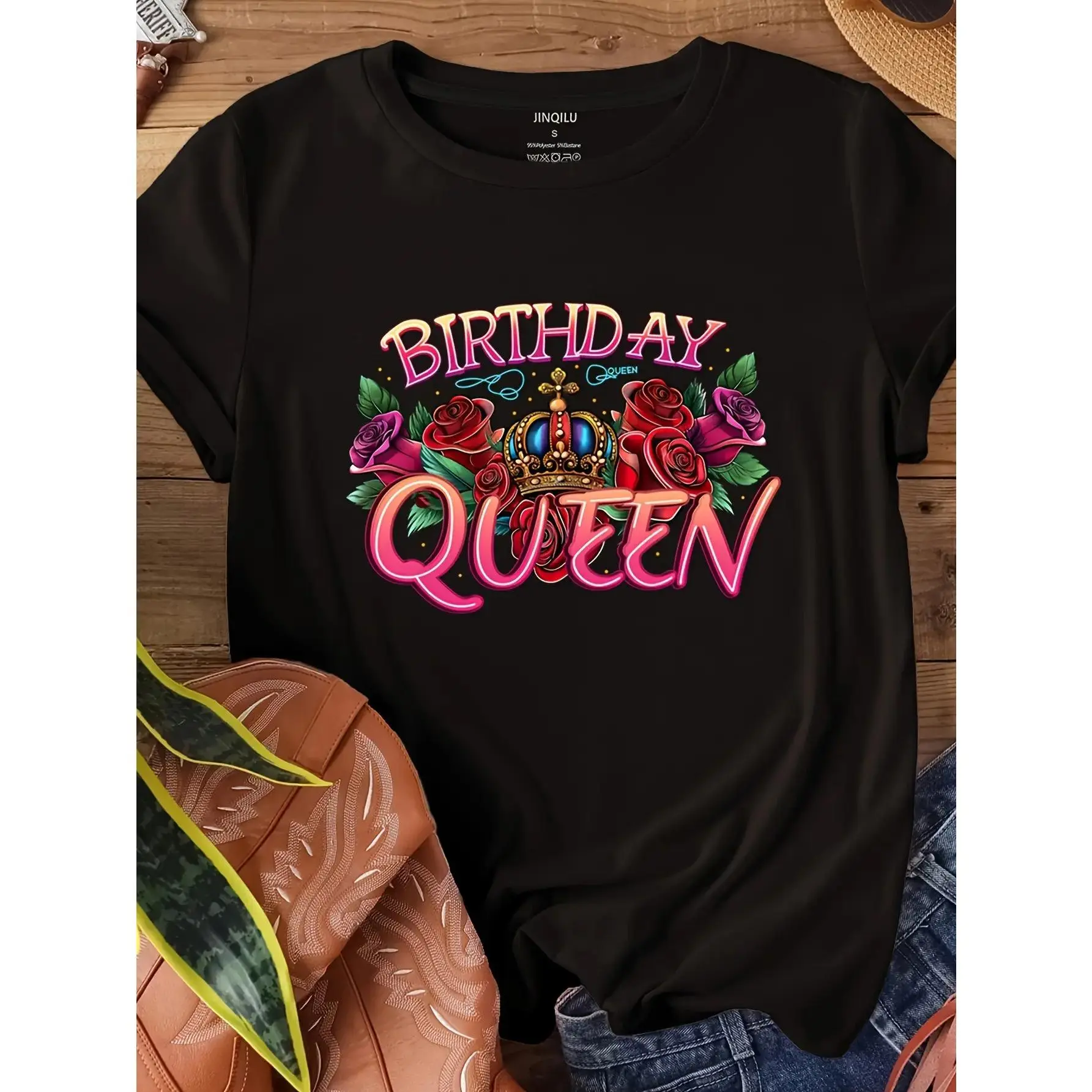 Lady's Women's Birthday Queen Neon Letter & Glitter Rose Printed Shortsleeve Sports Top, Casual Round Neck Cotton Blouse, Pink-Black Glitter Letter, Comfy Fabric, 4-Season Washable, Tshirt, Neon Letter Glow