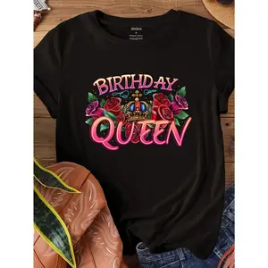Women's Birthday Queen Neon Letter & Glitter Rose Printed T-Shirt: Casual Short Sleeve Crewneck Party Design, Cotton Pink-Black Glitter Letter, 4-Season Comfort Washable