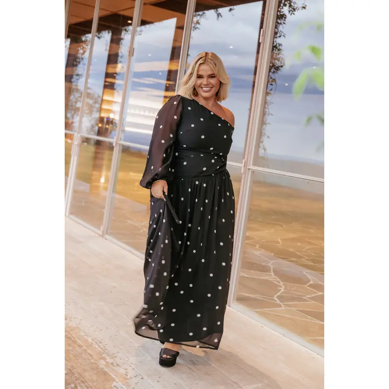 long black and white polka dot dress Strapless Polka Dot Drop Waist Gown for Women | White/Black | Size: L