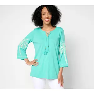 Belle Beach by Kim Gravel Slub Knit Sandy Palm Embroidered Top