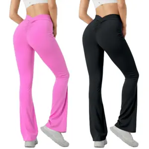 Quick-Dry High-Waist Flare Yoga Pants for Women | Black Polyester & Elastane Blend | Stretchy Sports Leggings with Cross Waistband | All-Season Fitness and Gym Wear | Machine Washable | Sleek Design for Active Lifestyle, Seasonal Sportswear