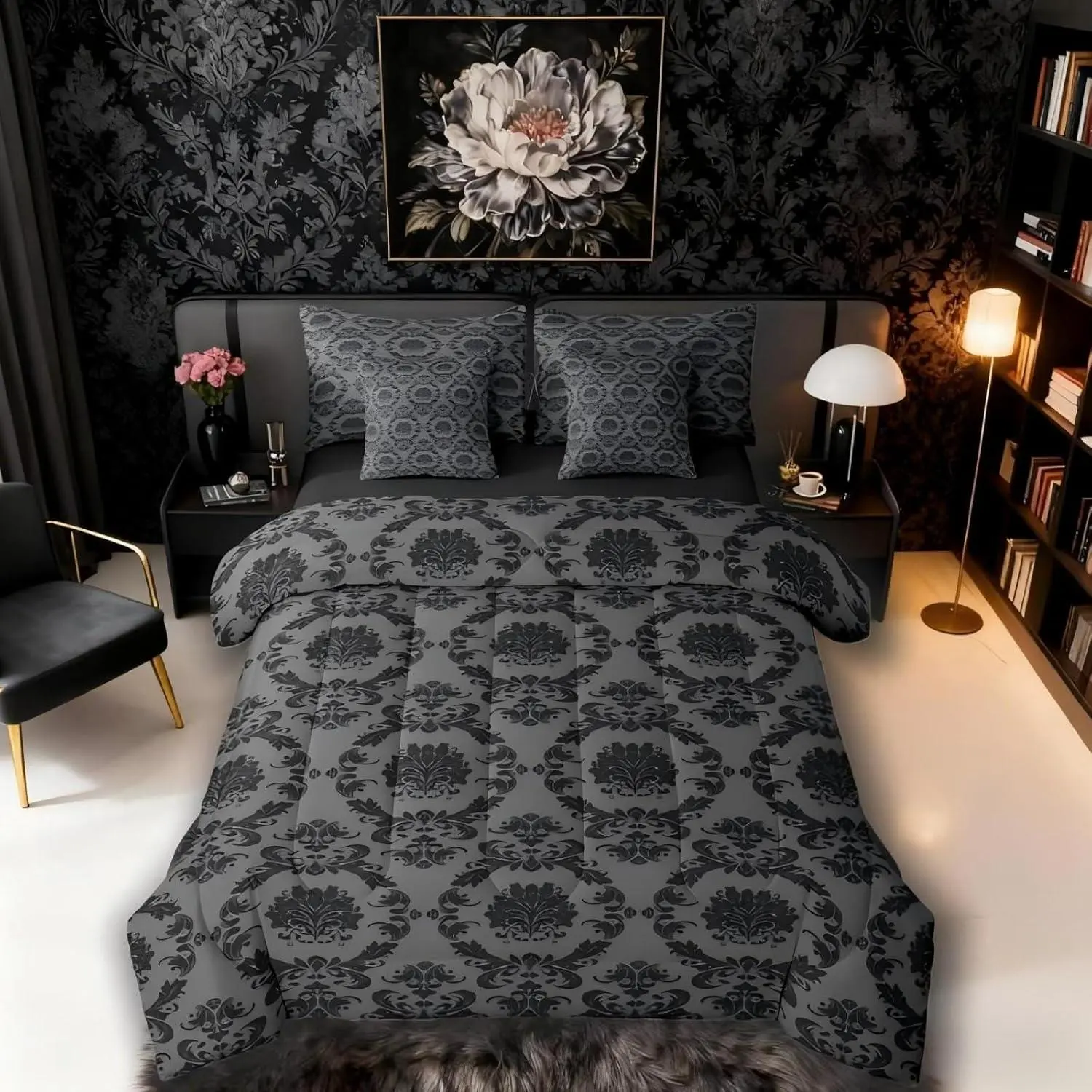 Feelyou 7-Piece High Tenacity Charcoal Grey & Black Damask Print Bedding Set with Sheets, Unique Gothic Antique Floral Vintage Design, Multi-Size Luxury Boho Baroque Bed-in-a-Bag, Machine Washable Soft Linen Bedding Sets, Unique Bedding Sets
