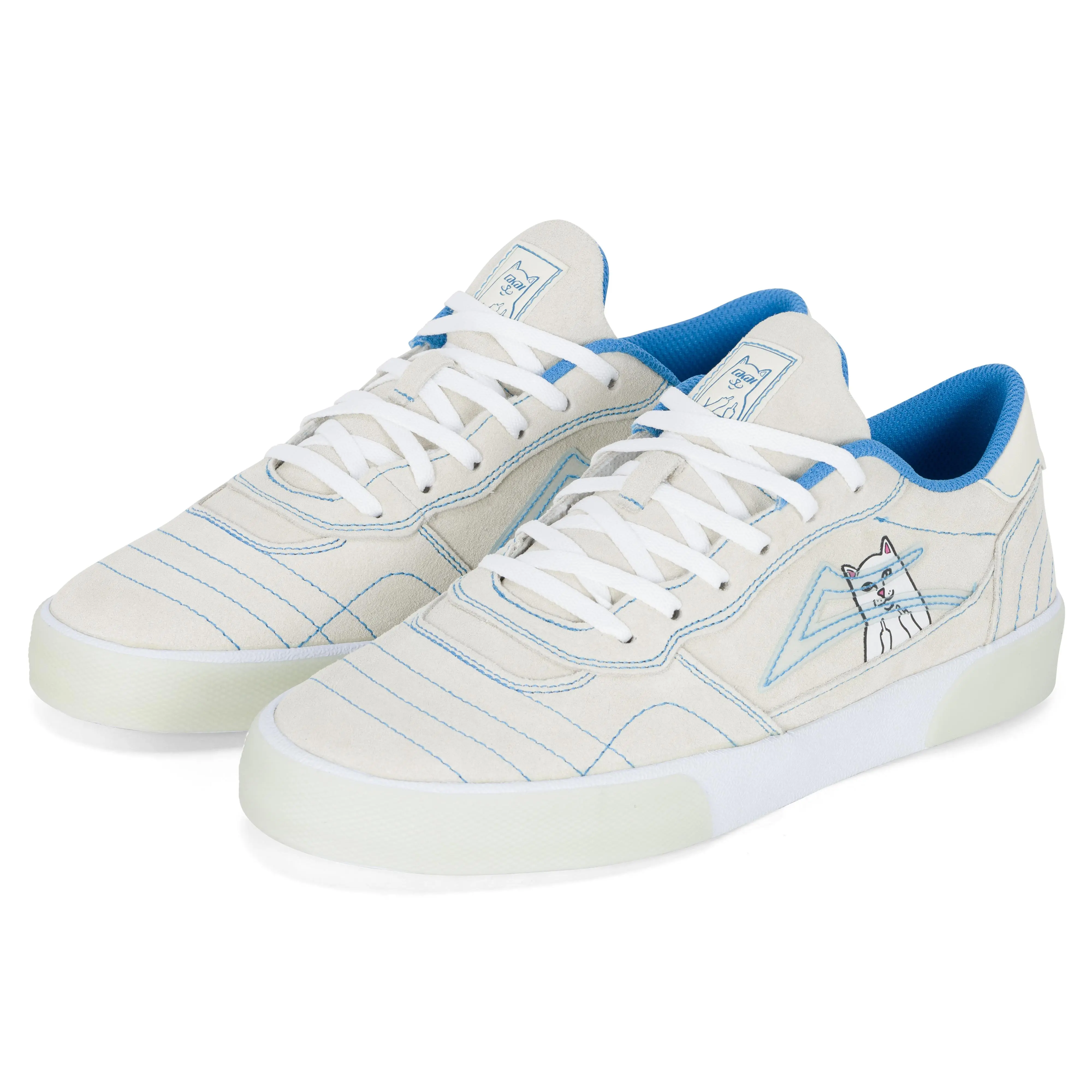 Men's LAKAI X RIPNDIP Cambridge Lord Nermal Casual Low Top Trainers, Cream Color, Round Toe, Mesh Upper, Blue Stitching