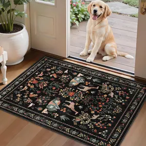 Black Boho Area Rug Floral Botanical Animal with Non Slip Backing Design,Indoor Soft Low Pile Carpet for Bedroom, Living Room, Dining Room, Farmhouse, Playroom