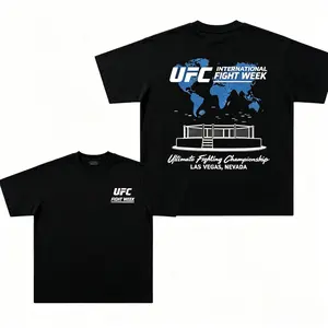 Black UFC 2025 International Fight Week T-shirt, core logo pattern T-shirt, ultimate fighting tournament apparel, casual crew neck fabric men's clothing, soft classic style, cotton close-fitting green fitness long-sleeve innovative sports crew neck shirt