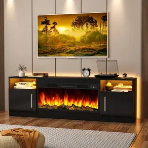 70" Fireplace TV Stand With Two Hinged Doors For TVs UP To 80", Modern Electric Fireplace Entertainment Center & Storage Cabinets, TV Stand For Living Room , Muebles Para Sala With USB LED Stress And Plug,5V
