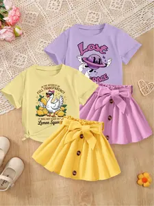 4-Pack Girls' Cute Casual Crew Neck Short-Sleeve T-Shirt & Skirt Sets | Goose & Planet Pattern Prints | Summer Stylish Sweet Outfits