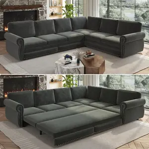 Aobtkel®118" L-Shaped Sofa Couch with Pull-Out Bed,Oversize Convertible Sleeper Sofa with Nailhead Trim & Rolled Arm,Chenille Upholstered Sectional Couches,Dark Grey