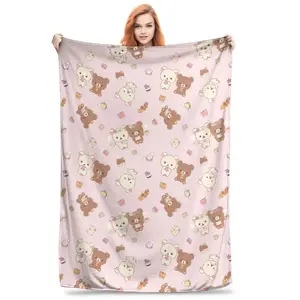 Kawaii Rilakkuma Printed Flannel Blanket, Soft Warm Lightweight Throw Blanket, Cozy Cute Home Decor Blanket for Bed Sofa Office Car, Ideal Holiday Gift for Family & Friends