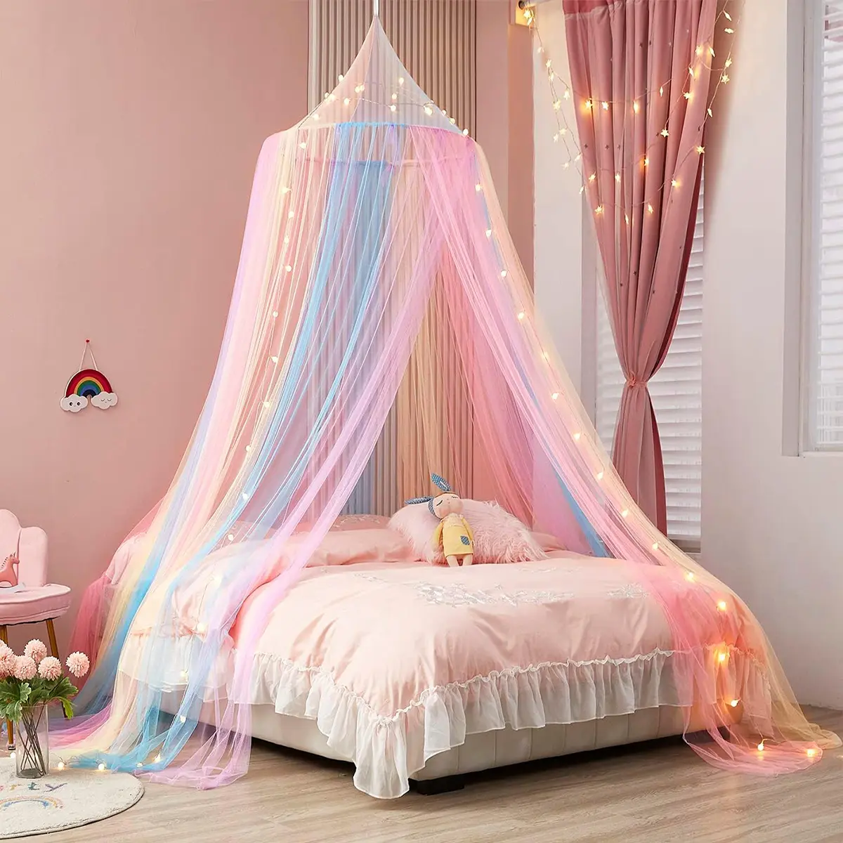 Bed Canopy with Lights - Mosquito Netting for Twin, Single, Full, Queen & King Size Beds - Decor for Girls' Rooms