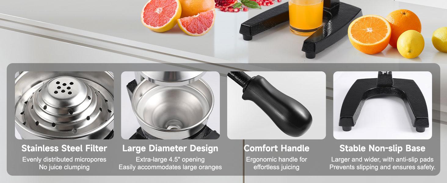 OSTBA Cast Iron Manual Juicer Hand Press, Commercial Grade Citrus Juicer, Stainless Steel Lemon squeezer for Orange, Lemon, Lime, Pomegranate with Stainless Steel Cup