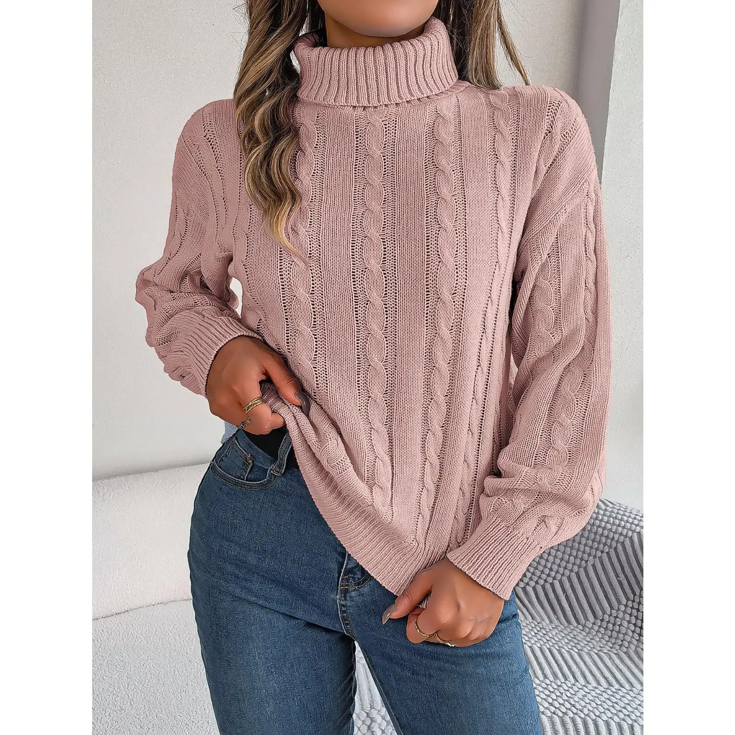 Cable-Knit Turtleneck Dropped Shoulder Sweater