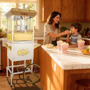 Aobtkel®16Oz Commercial Popcorn Machine With Cart and 16 Oz Kettle , Movie Theater Popcorn Machine, golden white Pop Corn Machine with 3-Switch Control & Steel Frame Tempered Glass Doors