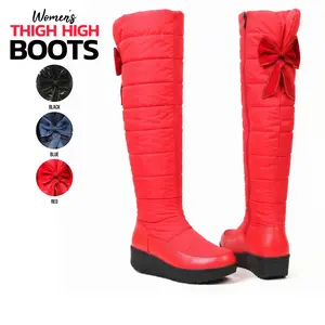 Women Winter Thigh High Boots Over The Knee Warm Round Toe Wedge Heel Thick Sole Velvet Lined Bow  Knot Design Zipper Closure Comfortable Stylish Indoor Outdoor Casual Dating Party Snow Puffer Tall Boots Deals For You Days	