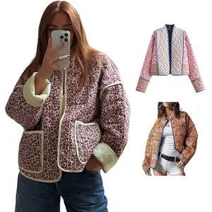 ARSSM Women's Cropped Puffer Quilted Jacket Vintage Floral Print Open Front Lightweight Short Jacket Outwear Casual Spring Fashion Coats Fitted Long Sleeve Winter Chic Cute Red Cardigan