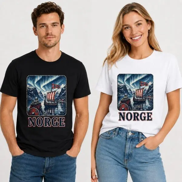 CARPESUN Women's Short-Sleeve Crew Neck 100% Cotton Jersey T-Shirt - Nordic Viking Style, Norge Viking Ship Aurora Theme Print, Casual Wear Unisex Top, Single Piece Pack