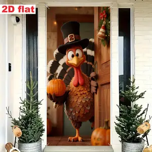 Thanksgiving Day 2D Door Banner, 35x70 Inch Polyester Decoration with Turkey, Pumpkin & Top Hat Designs, Ideal for Home Festive Display