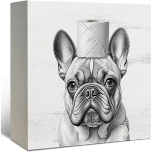 French Bulldog Bathroom Decor, Funny French Bulldog Wooden Box Sign, Frenchie Lover Gifts Wood Signs for Bathroom Toilet Restroom Counter Shelf Wall Decoration 5x5 Inch Modern Home Decor