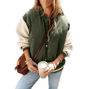 Women's Mist Green Corduroy Fleece Patchwork Buttoned Bomber Jacket