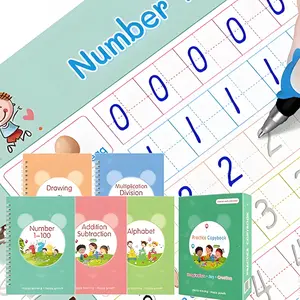 Kids Reusable Handwriting Practice Copybook Set, 5 Magic Groove Tracing Workbooks with 2 Pens, 10 Refills & 2 Pen Grips, Preschool Learning Book, Alphabet, Numbers, Math, Drawing, Back to School Educational Gift