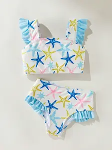 Girls' Two-Piece Bikini Set, Starfish Pattern, Blue Ruffle Decor, Beach Poolwear, Boho Style, Summer Swimwear, Kids Swimsuit