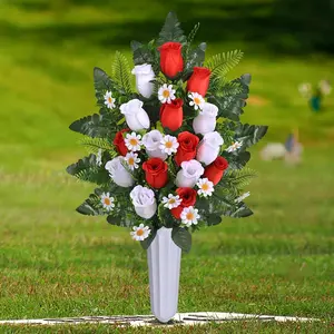 2 Sets Artificial Cemetery Flowers for Grave, Realistic Grave Flowers Memorial Flowers for Cemetery UV Resistant Silk Rose Flowers with Vase for Cemetery Grave Decorations(Red, White)