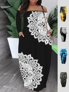 【Plus Size】 Casual Boho Elegant All Over Print Pocket Off Shoulder Dress Long Sleeve Long Dress for Spring & Fall, Women's Clothes for Daily Wear