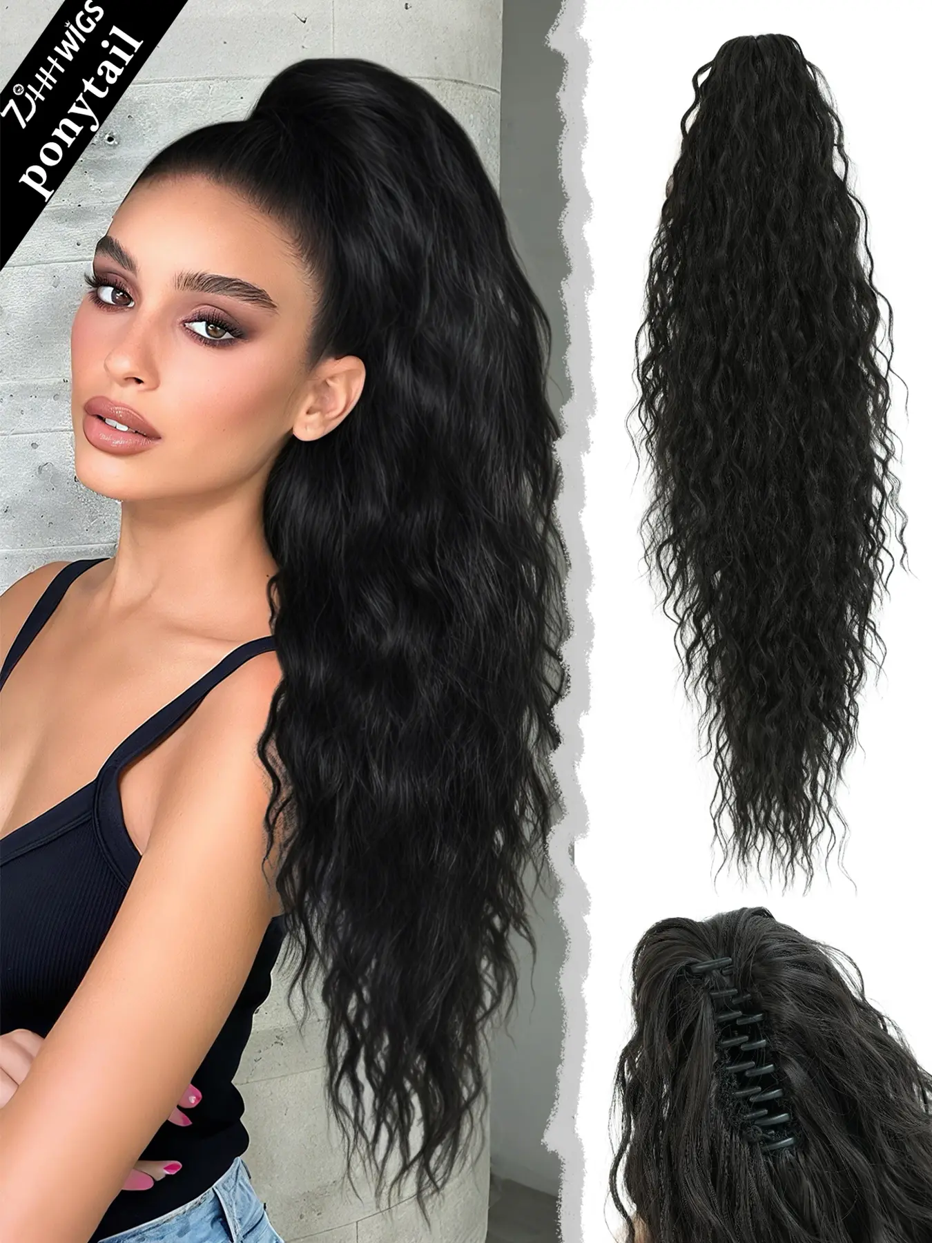 High-Quality 34 Inch Extra Long Deep Wave Wavy Curly Ponytail Clip-In Hair Extension, Soft Synthetic Fiber, Multi-Color Options, Synthetic Extensions, for Women Daily Party Use