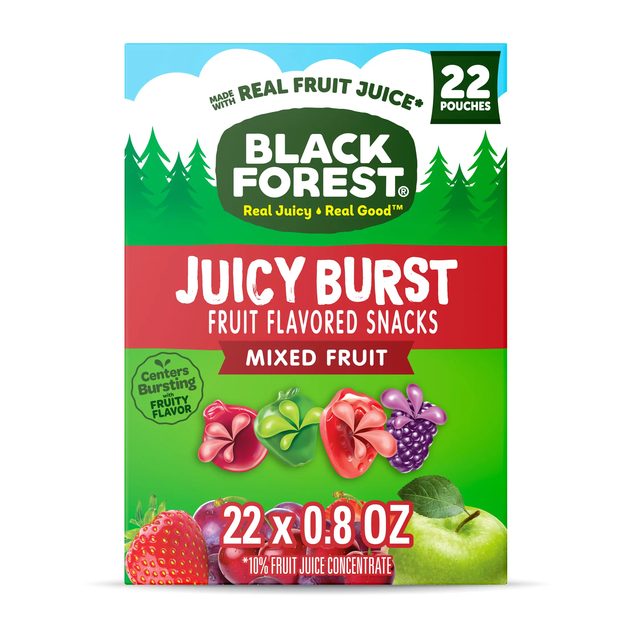 Black Forest Juicy Burst Fruit Flavored Snacks, Mixed Fruit Flavors, 0.8 oz, 22 Count