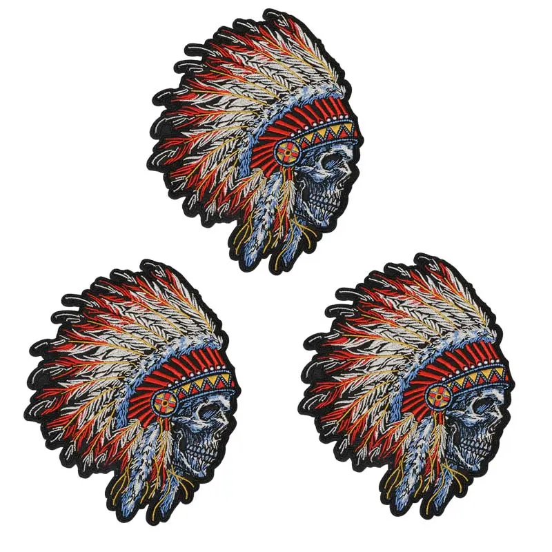 3Pcs Big Size Chief Indian Skull Iron-On Patches - Custom Embroidery, Fabric Accessory with Hot Melt Adhesive Backing, Easy to Apply, No Extra Glue Needed, Fit for Heat Press/Sewing, DIY Decoration for Clothes/Backpacks, Embroidered Logo